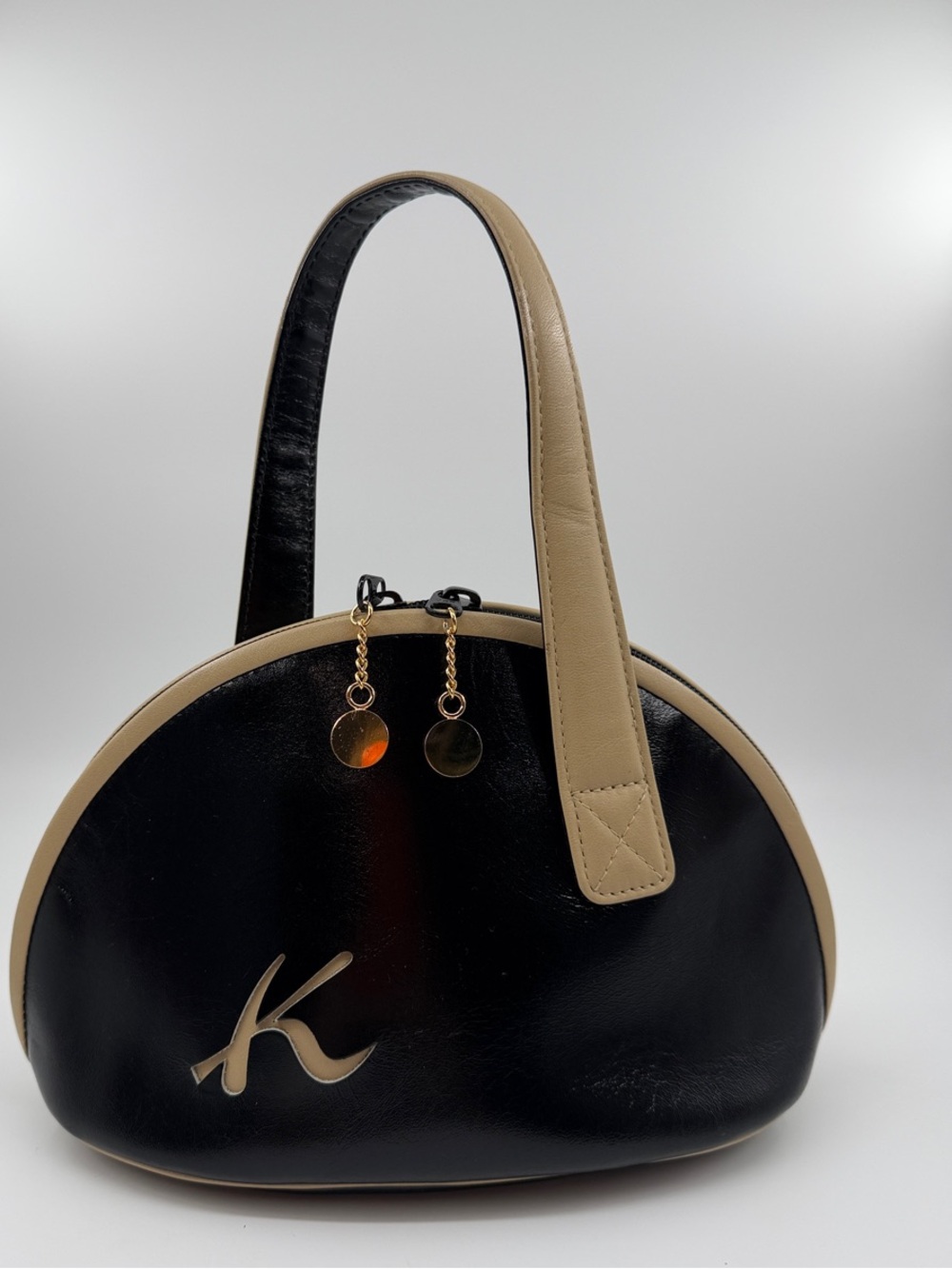 Black and Tan Mini Dome Shoulder Bag with 'K' Accent